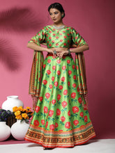 Green & Peach-Coloured Printed Semi-Stitched Lehenga & Blouse With Dupatta