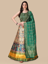 Printed Sequinned Semi-Stitched Lehenga & Unstitched Blouse With Dupatta-Green & beige