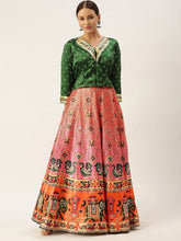 Printed Semi-Stitched Lehenga & Unstitched-Green and pink