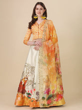 Printed Semi-Stitched Lehenga & Unstitched Blouse With Dupatta-Yellow and white