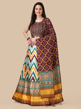 Printed Sequinned Semi-Stitched Lehenga & Unstitched Blouse With Dupatta-Maroon and turquoise blue
