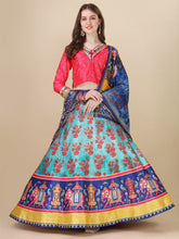 Printed Semi-Stitched Lehenga & Unstitched Blouse With Dupatta-Blue and green