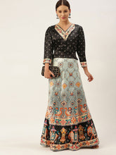 Printed Semi-Stitched Lehenga Choli-Black and beige