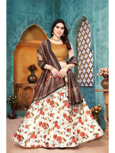 Orange & Brown Printed Semi-Stitched Lehenga & Unstitched Blouse With Dupatta