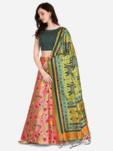 Floral Printed Semi-Stitched Lehenga & Blouse With Dupatta-Peach and green