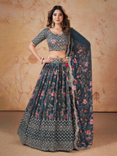 Embellished Sequinned Semi-Stitched Lehenga & Unstitched Blouse With Dupatta-Blue and green