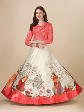 Digital Printed Semi-Stitched Lehenga & Unstitched Blouse-Red and white