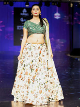 Embroidered Thread Work Semi-Stitched Lehenga & Unstitched Blouse With Dupatta-Cream and green