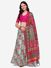 Printed Semi-Stitched Lehenga & Unstitched Blouse With Dupatta-Sea green and pink