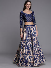 Ethnic Motifs Printed Semi-Stitched Lehenga & Blouse-Navy blue and beige