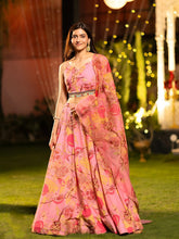 Printed Satin Semi-Stitched Lehenga & Unstitched Blouse With Dupatta-Peach, brown and yellow