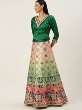 Ethnic Motif Printed Semi-Stitched Lehenga Choli-Green and peach