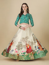 Ethnic Motifs Printed Semi-Stitched Lehenga & Unstitched Blouse-Green & cream