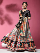 Printed Semi-Stitched Lehenga & Blouse With Dupatta-Black and orange