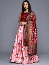 Printed Semi-Stitched Lehenga & Unstitched Blouse with Dupatta-Pink and maroon