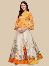 Printed Satin Semi-Stitched Lehenga & Unstitched-Yellow and white