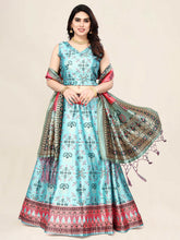 Sea Green & Pink Printed Semi-Stitched Lehenga & Unstitched Blouse With Dupatta