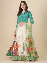 Printed Sequinned Semi-Stitched Lehenga & Unstitched Blouse With Dupatta-Green and pink