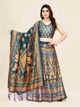 Navy Blue & Orange Printed Semi-Stitched Lehenga & Unstitched Blouse With Dupatta