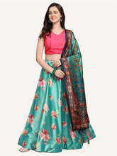 Floral Printed Semi-Stitched Lehenga & Unstitched Blouse With Dupatta-Teal & pink