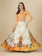 Bandhani Printed Semi-Stitched Lehenga & Blouse With Dupatta-Yellow and cream