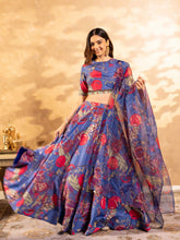 Printed Satin Semi-Stitched Lehenga & Unstitched Blouse With Dupatta-Blue, red and beige