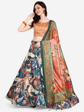 Printed Semi-Stitched Lehenga & Unstitched Blouse With Dupatta-Gold-toned and green