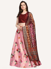 Floral Printed Semi-Stitched Lehenga & Unstitched Blouse With Dupatta-Pink & maroon, green