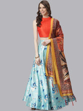 Digital Printed Semi-Stitched Lehenga & Unstitched Blouse With Dupatta-Sea green and orange