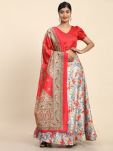Digital Printed Semi-Stitched Lehenga & Unstitched Blouse With Dupatta-Coral Red, Grey and beige