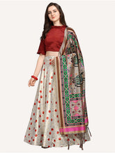 Floral Printed Semi-Stitched Lehenga & Unstitched Blouse With Dupatta-Red & green, silver