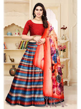 Red & Blue Printed Semi-Stitched Lehenga & Unstitched Blouse With Dupatta