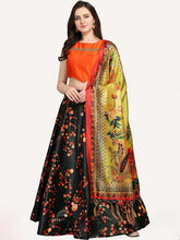 Floral Printed Semi-Stitched Lehenga & Unstitched Blouse With Dupatta-Black & orange, green
