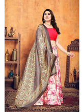 Printed Semi-Stitched Lehenga & Unstitched Blouse With Dupatta-Pink & Grey