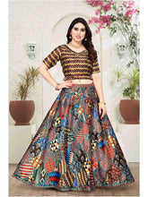Brown & Mustard Printed Semi-Stitched Lehenga & Unstitched-Brown and mustard