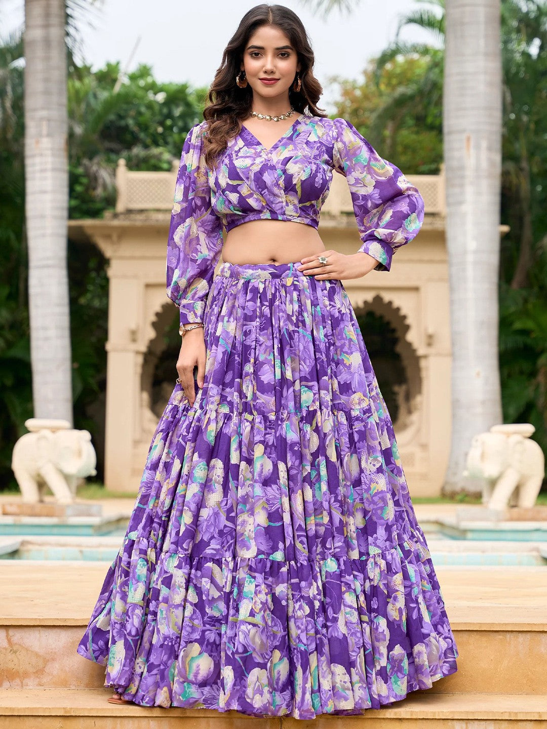 Printed Semi-Stitched Lehenga & Unstitched-Purple and green