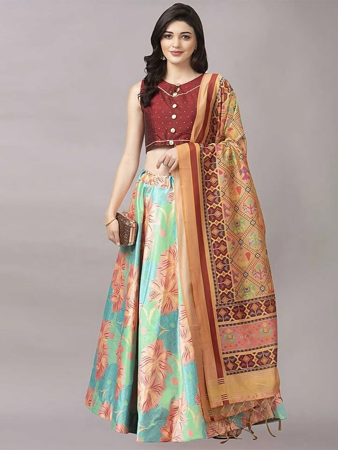 Green & Maroon Printed Sequinned Semi-Stitched Lehenga Choli