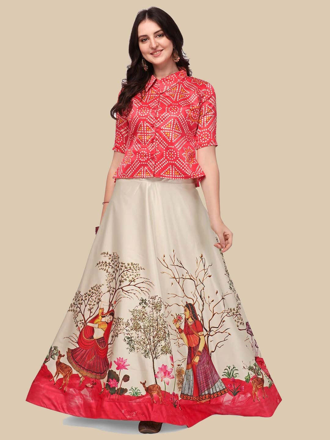 Printed Satin Semi-Stitched Lehenga & Unstitched Blouse-Red and cream