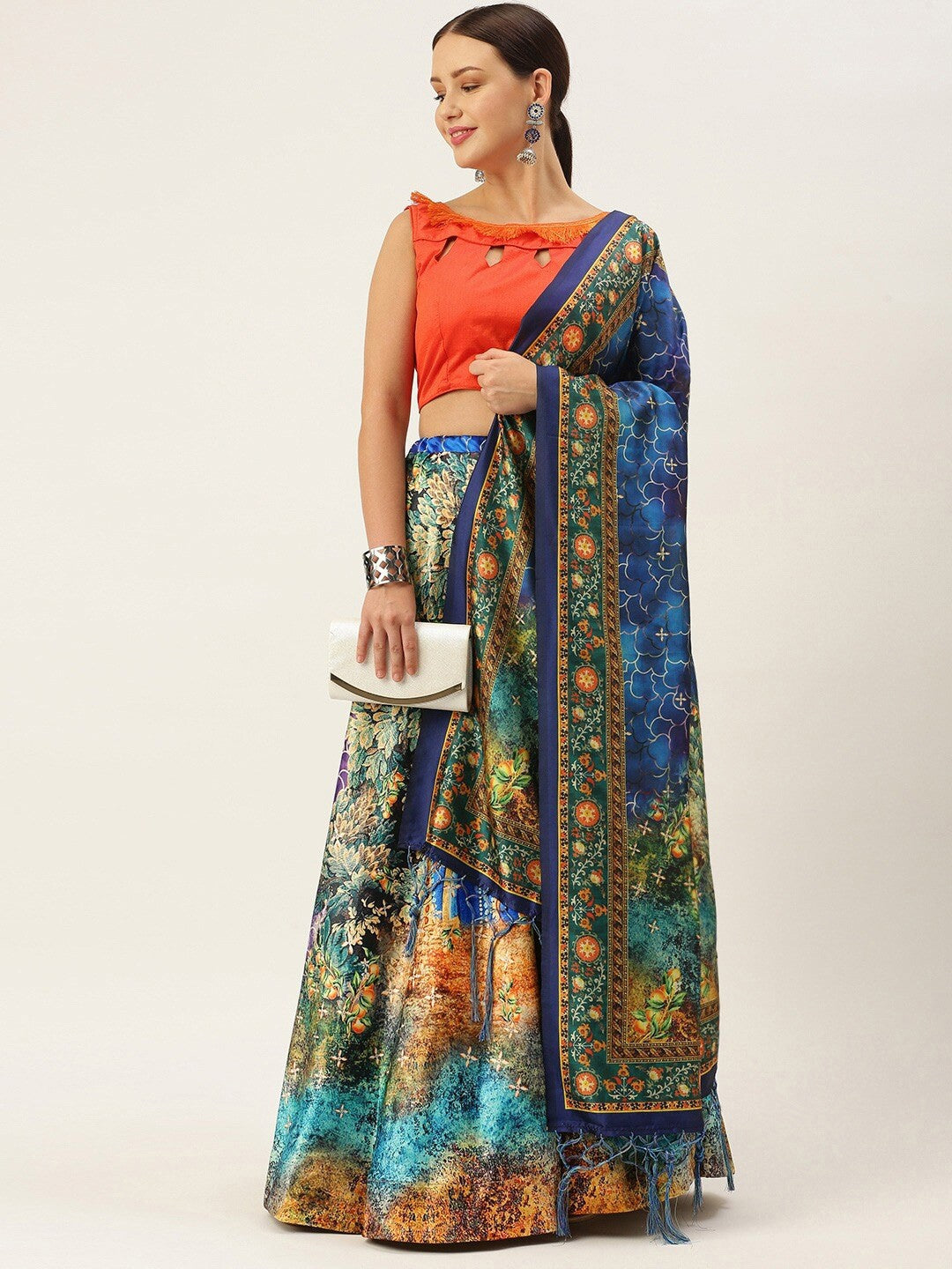 Printed Semi-Stitched Lehenga & Unstitched Blouse With Dupatta-blue and yellow