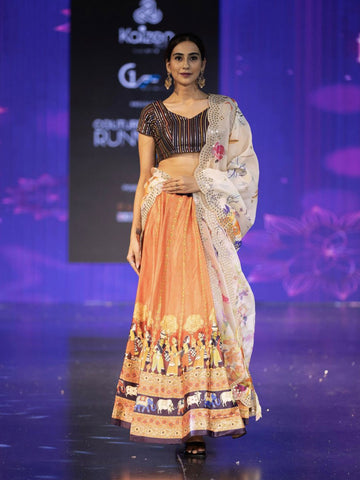 Embroidered Semi-Stitched Lehenga & Unstitched Blouse With Dupatta-Orange and black
