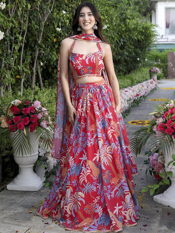 Floral Printed Semi-Stitched Lehenga & Unstitched Blouse With Dupatta-Red and blue
