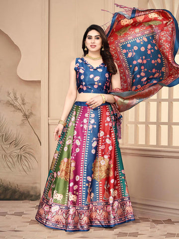 Printed Semi-Stitched Lehenga & Unstitched Blouse With Dupatta- Blue and red