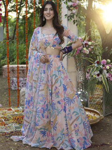 Floral Printed Semi-Stitched Lehenga & Unstitched Blouse With Dupatta-Pink and blue