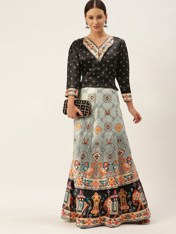 Printed Semi-Stitched Lehenga Choli-Black and beige