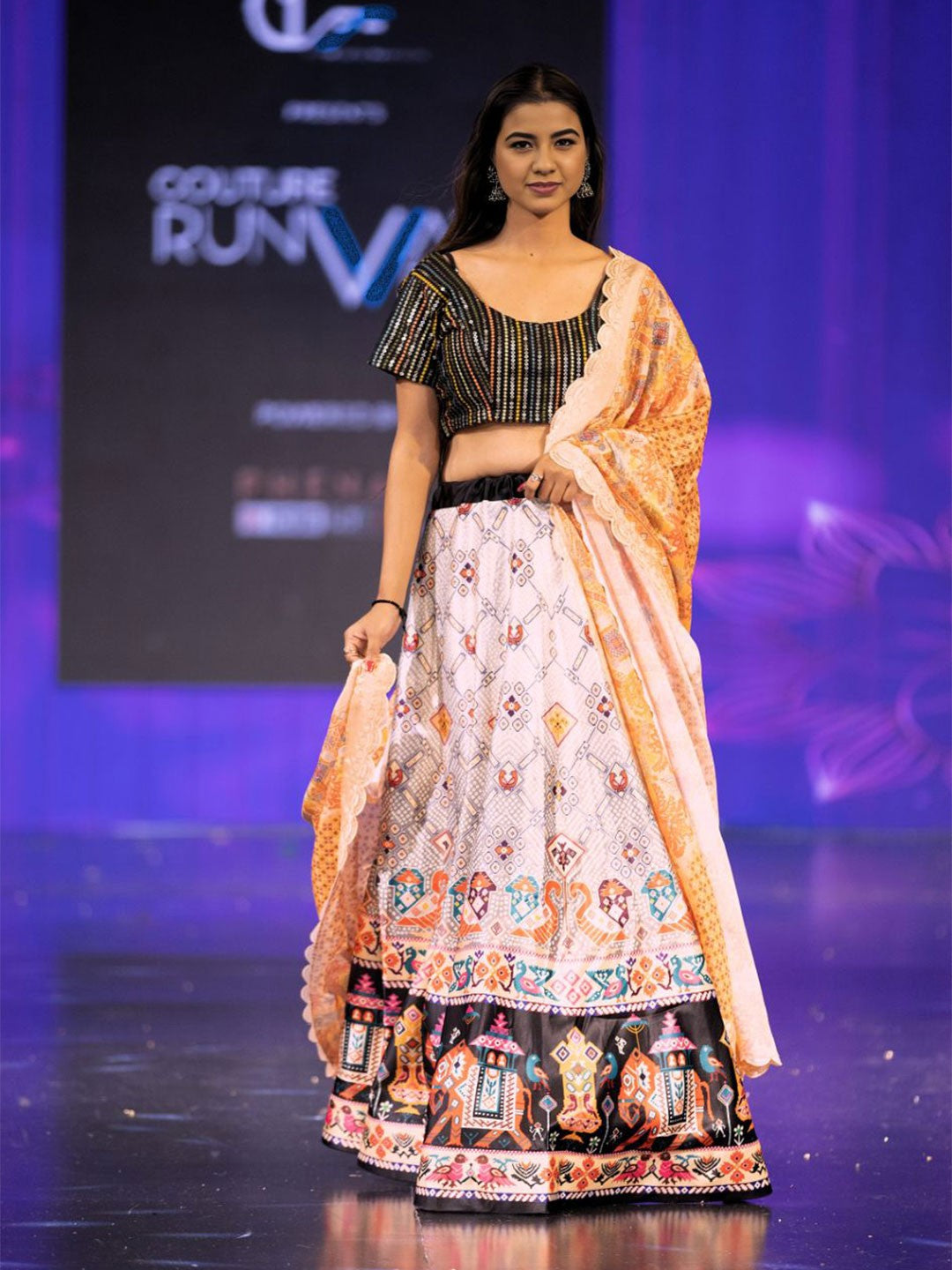 Embroidered Sequinned Semi-Stitched Lehenga & Unstitched Blouse With Dupatta-Black and peach