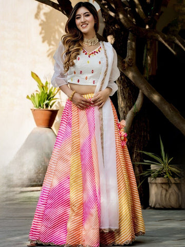 Embroidered Semi-Stitched Lehenga & Unstitched Blouse With Dupatta-Pink, yellow and white