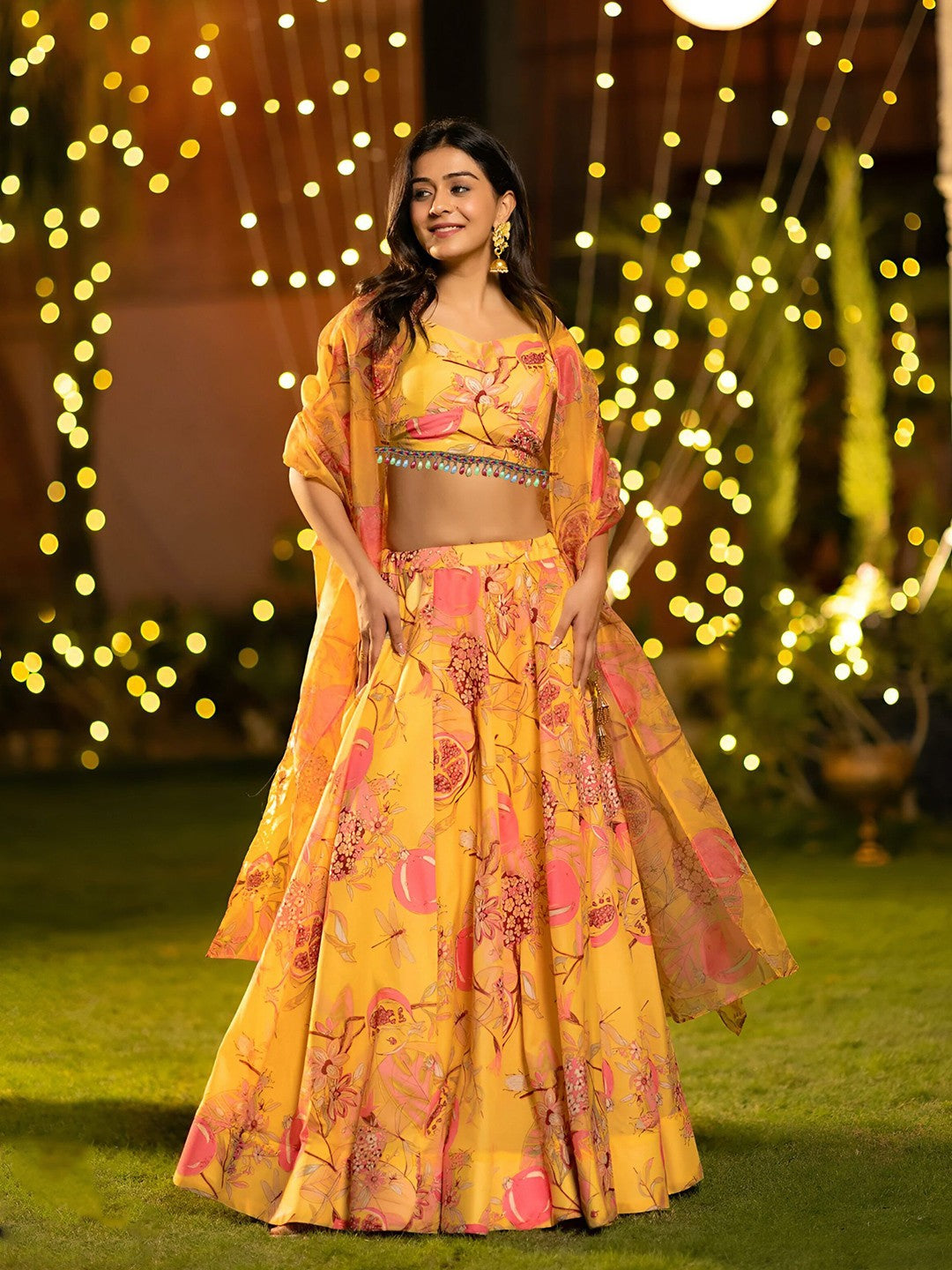Printed Satin Semi-Stitched Lehenga & Unstitched Blouse With Dupatta-Mustard and pink