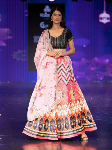 Embroidered Semi-Stitched Lehenga & Unstitched Blouse With Dupatta-Pink and white