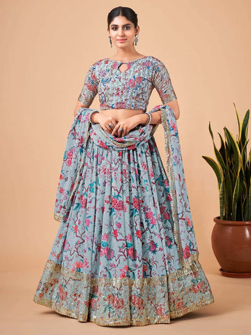 Embroidered Semi-Stitched Lehenga & Unstitched Blouse With Dupatta-Blue and pink