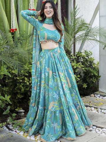 Floral Printed Semi-Stitched Lehenga & Unstitched Blouse With Dupatta-Sea green and green